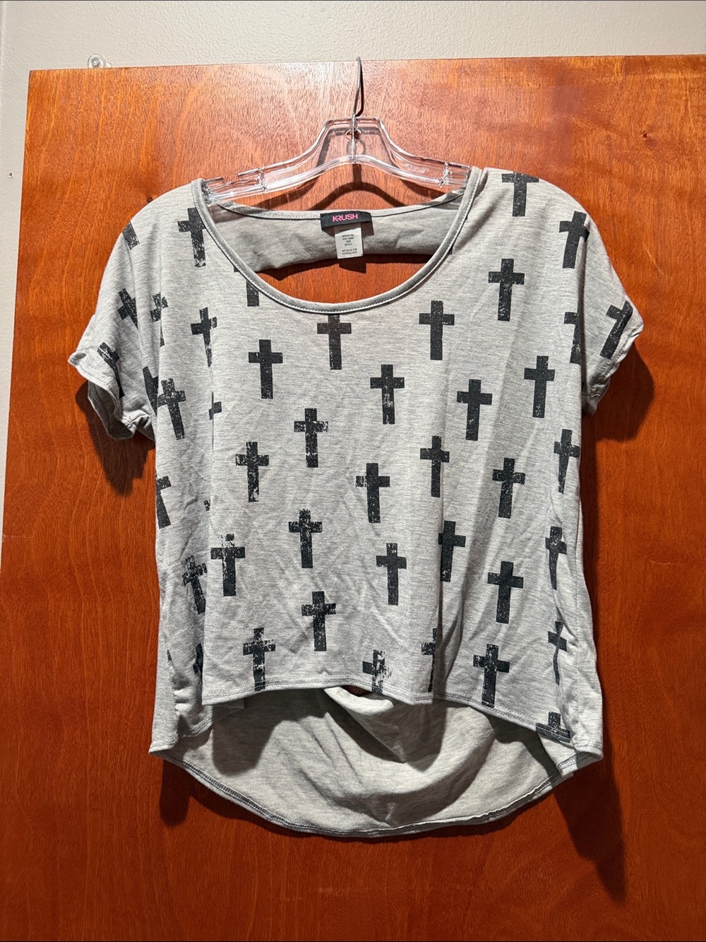 Krush Light Gray Crop Top with Black Cross Print